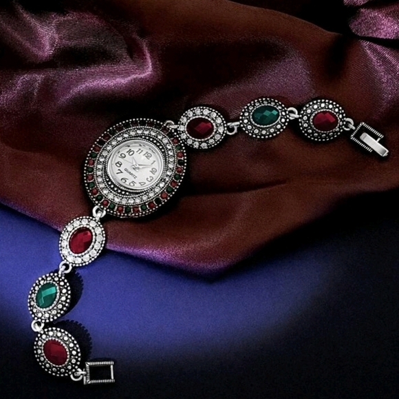 Vintage-Inspired Gemstone Bracelet Watch – Red & Green‎ Accents - Picture 1 of 6